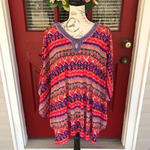 Susan Graver Kaftan Shirt Flutter Sleeve Multicolor V-neck Tunic Top Beads XL